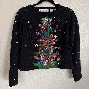 Michael Simon Christmas Tree Sweater Women’s Size Medium Beads & Baubles Bling